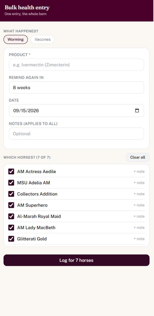 Bulk health entry screen