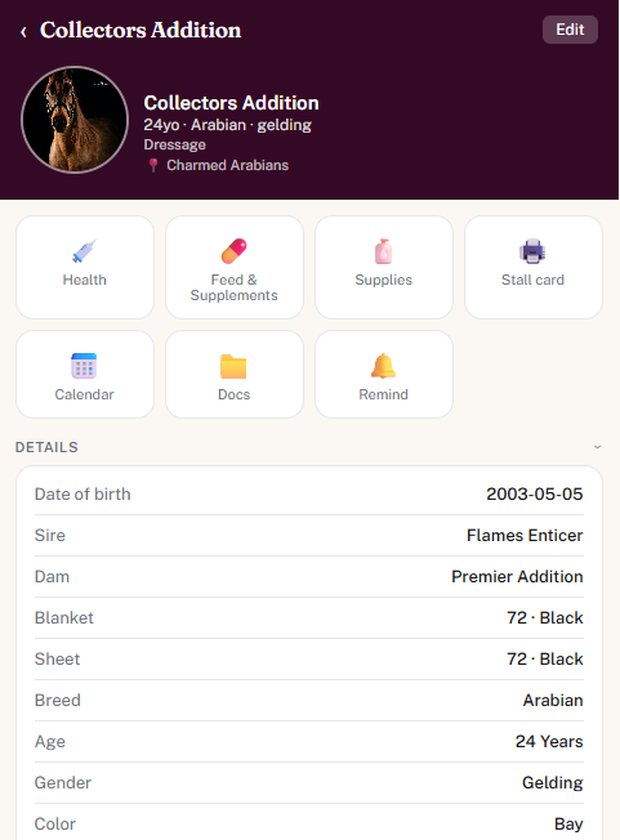 Horse profile screen