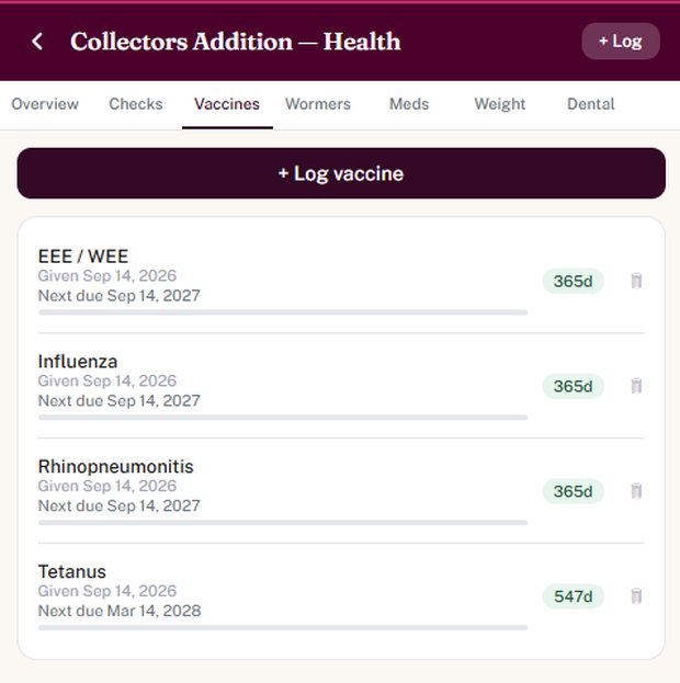 Vaccine records with due dates