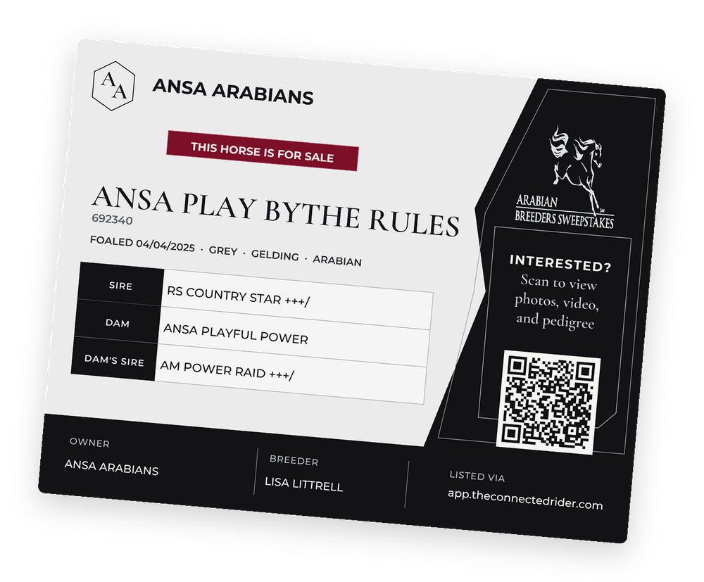 Printed stall card for a horse for sale, with a QR code